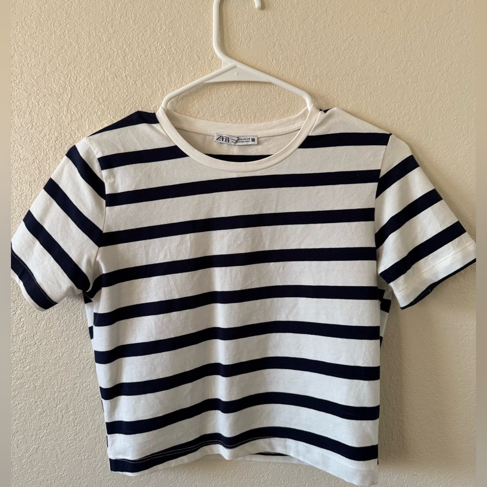 Zara Navy and White Striped T-Shirt
